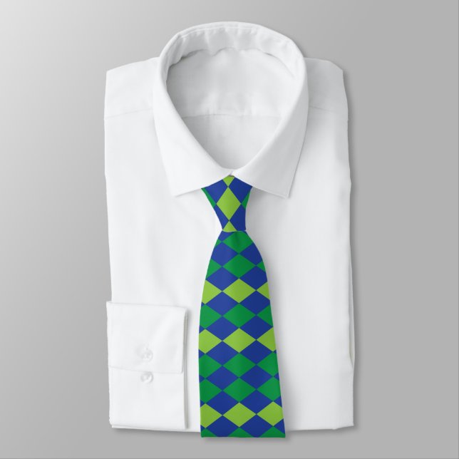 Green Lime Green Diamond Checkered Pattern Neck Tie (Tied)