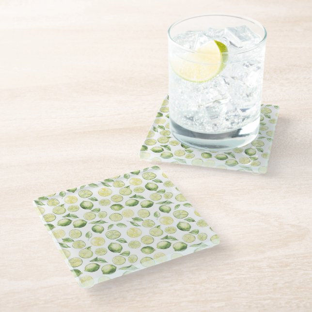 Green Limes Leaves Fruit Glass Coaster (Angled)