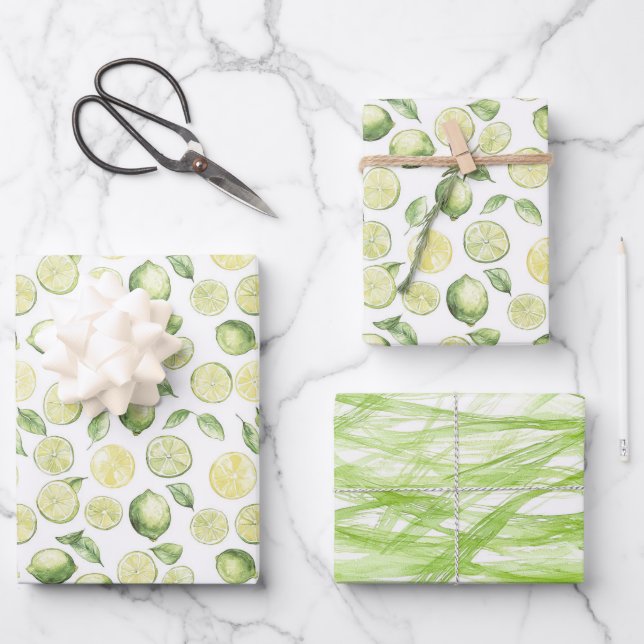 Green Limes Leaves Fruit Wrapping Paper Sheets (Front)