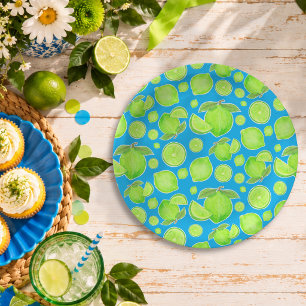Green Limes on Blue Playful Citrus Fruit Pattern Paper Plates