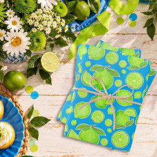 Green Limes on Bright Blue Citrus Fruit Pattern Wrapping Paper Sheets