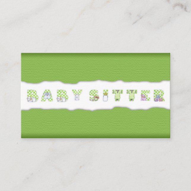 Green Linen Babysitting & Child Care Card (Front)