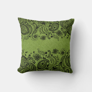 Green Linen & Black Paisley Lace Throw Pillow