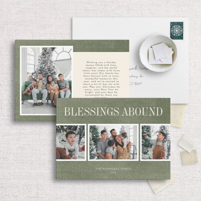 Green Linen Blessings Abound Holiday Photo Card (Creator Uploaded)