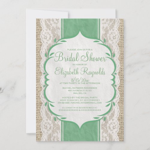 Green Linen Burlap Lace Bridal Shower Invitations