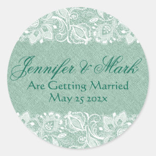 Green Linen Burlap & White Floral Lace 2 Invite Classic Round Sticker