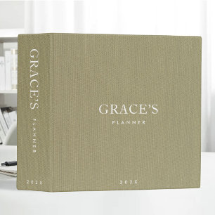 Green Linen Fabric Look Personalized Planner 3 Ring Binder