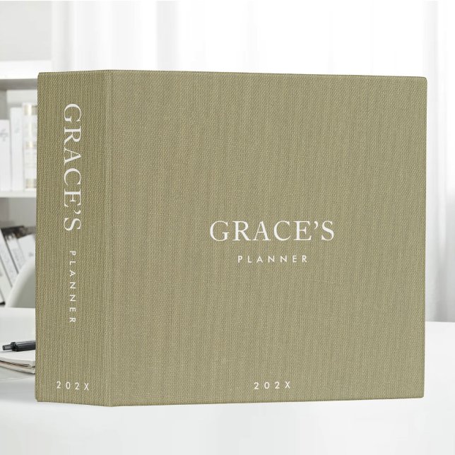Green Linen Fabric Look Personalized Planner 3 Ring Binder (Creator Uploaded)