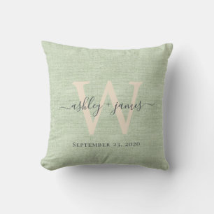 Green Linen Ivory Monogram Wedding Keepsake Throw Pillow