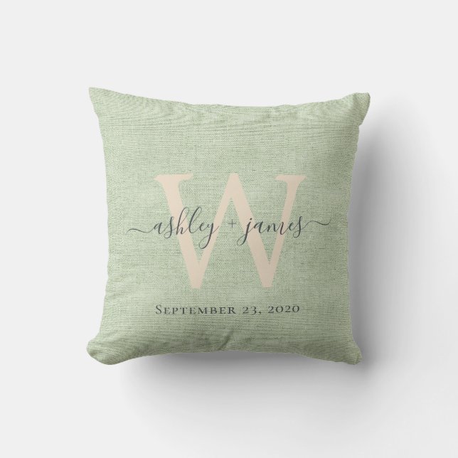 Green Linen Ivory Monogram Wedding Keepsake Throw Pillow (Front)