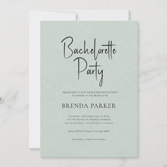 Green Linen Simple Black Script Bachelorette Party Invitation (Front)