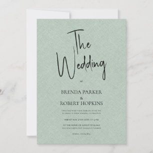 Green linen Simple Black Script Wedding Invite