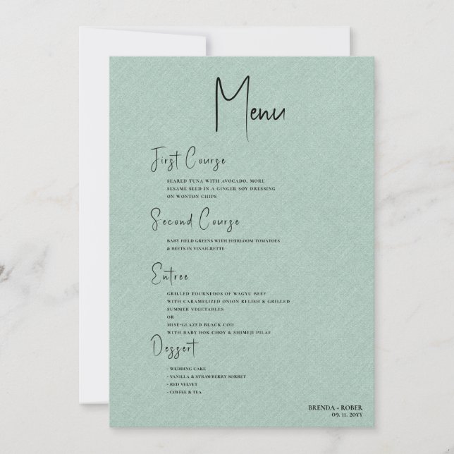 Green linen Simple Black Script Welcome Menu Invitation (Front)