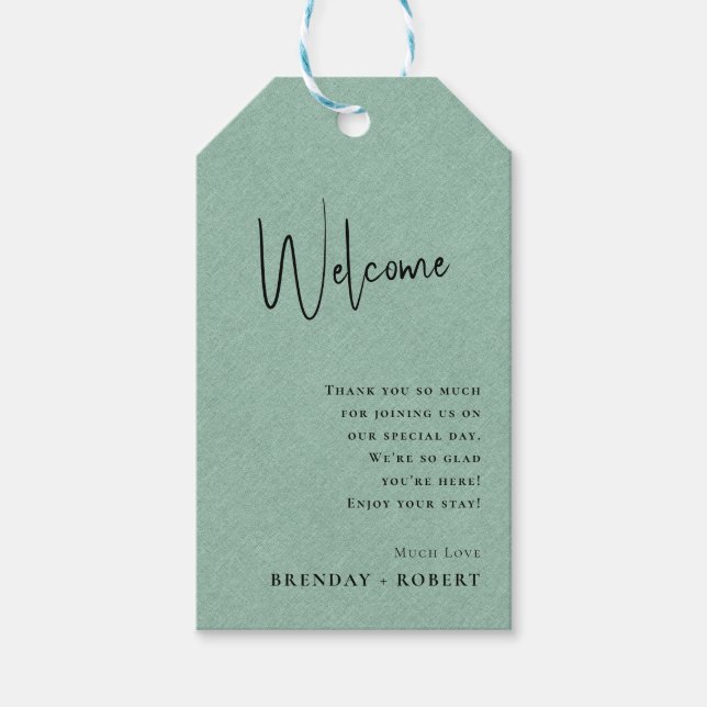 Green linen Simple Script Welcome Wedding Gift Tag (Front)