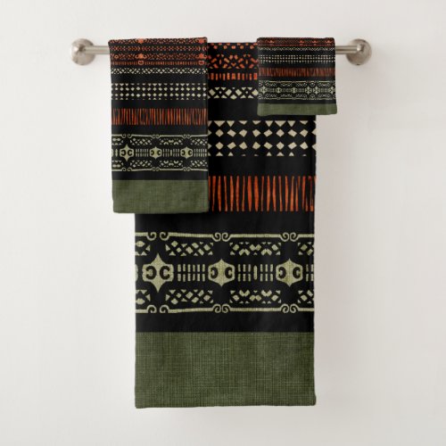 Green Linen Tribal Pattern  Bath Towel Set