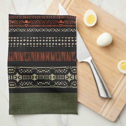 Green Linen Tribal Pattern Kitchen Towel