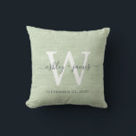 Green Linen White Monogram Wedding Keepsake Throw Pillow<br><div class="desc">Elegant wedding keepsake green woven linen effect pillow with your text in dark gray chic handwritten script calligraphy. Simply add your names, monogram and wedding date. Great gift for a newlywed couple. Exclusively designed for you by Happy Dolphin Studio. If you need any help or matching products, please contact us...</div>