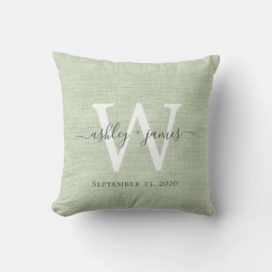 Green Linen White Monogram Wedding Keepsake Throw Pillow