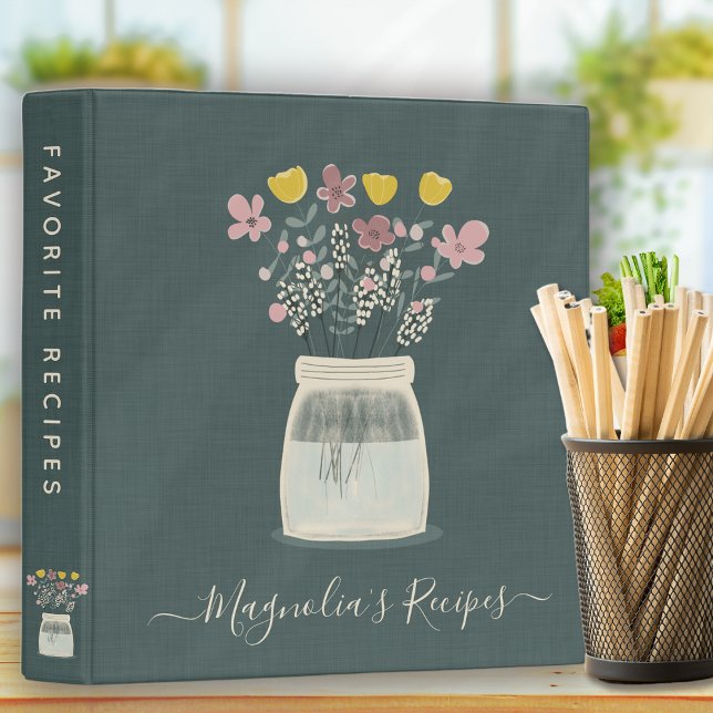 Green Linen Wildflowers Personalized Recipe 3 Ring Binder (Creator Uploaded)