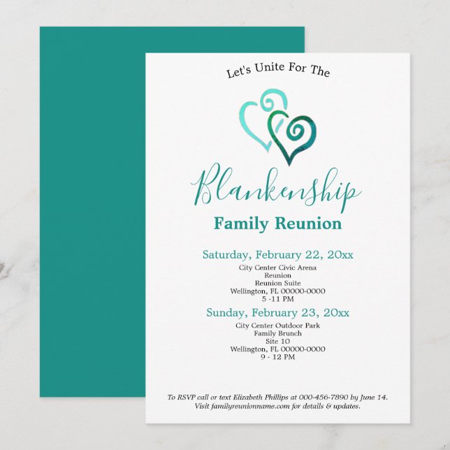 Green Linked Hearts Family Reunion Template (Front/Back)