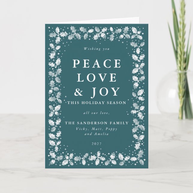 Green Lino Printed Holly Peace Love & Joy Holiday Card (Front)