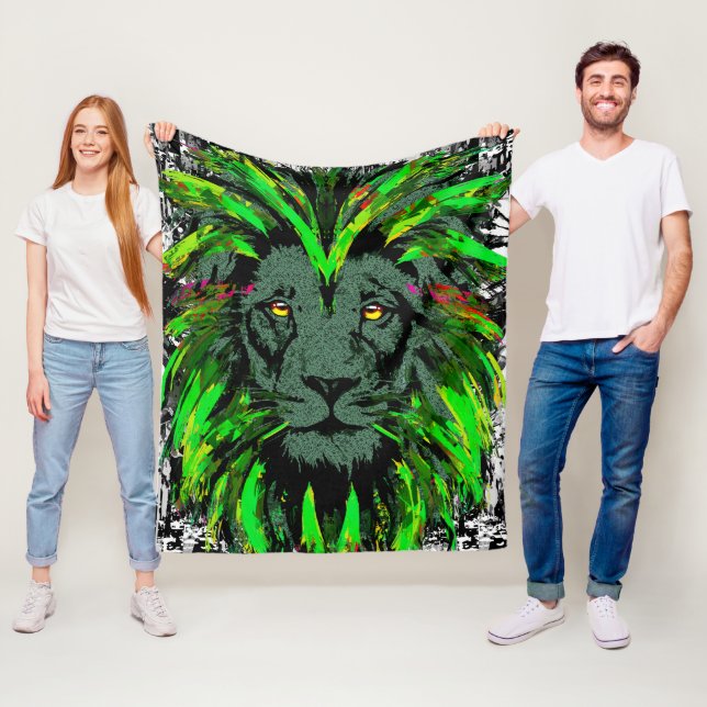 Green Lion Head - Lion Face Fleece Blanket (In Situ)