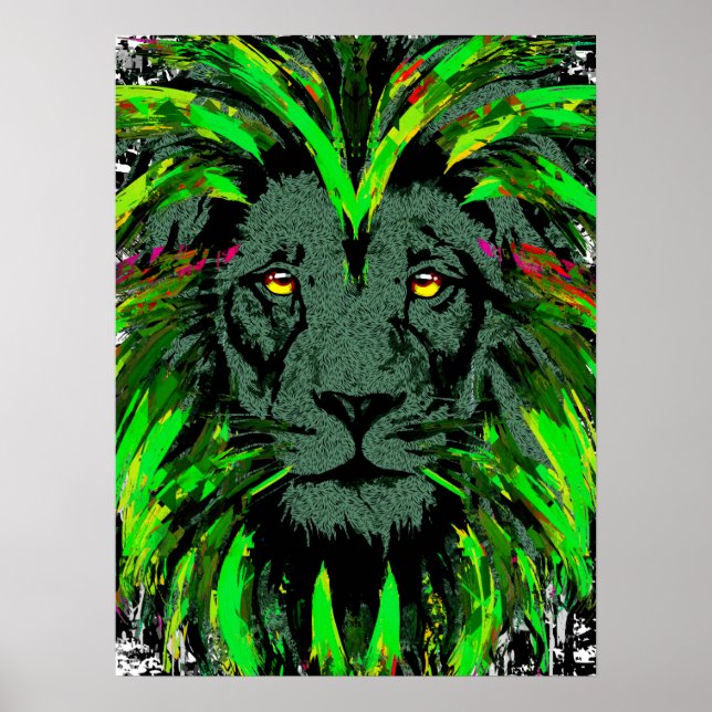 Green Lion Head Poster - Lion Face Portrait Poster (Front)