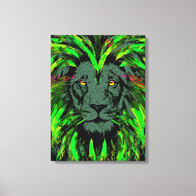 Green Lion Head Wrapped Canvas Lion Face Portrait  Print (Front)