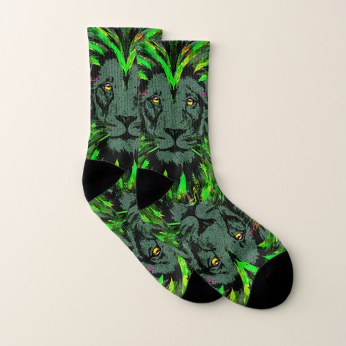 Green Lion Socks _ Lion Face Portrait Drawing