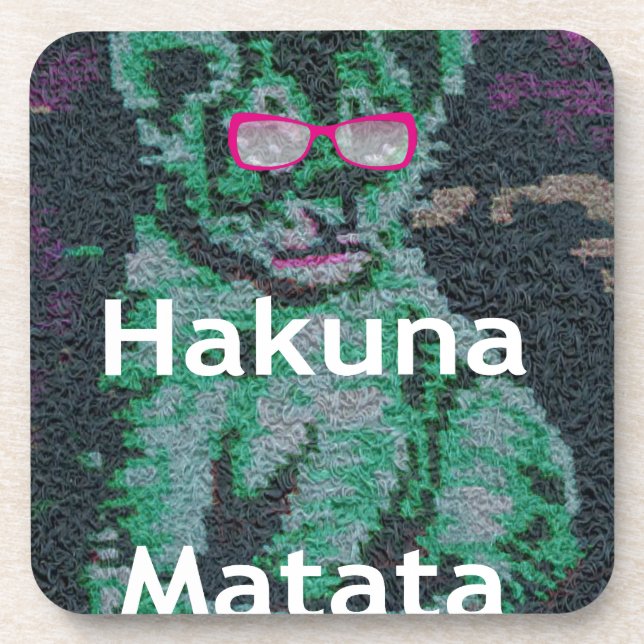 Green Lion with Pink Glasses "Hakuna Matata" Art   Beverage Coaster (Front)