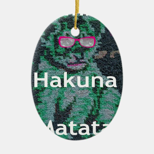 Green Lion with Pink Glasses "Hakuna Matata" Art   Ceramic Ornament (Front)
