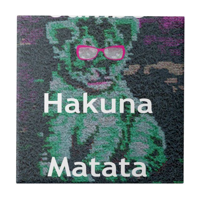 Green Lion with Pink Glasses "Hakuna Matata" Art   Ceramic Tile (Front)
