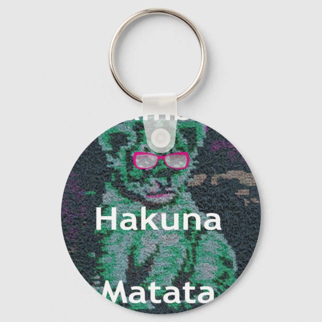 Green Lion with Pink Glasses "Hakuna Matata" Art   Keychain (Front)