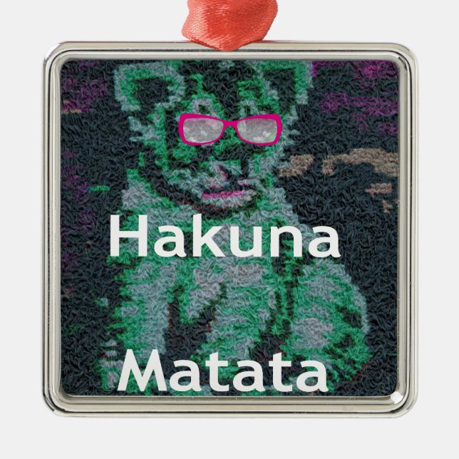 Green Lion with Pink Glasses "Hakuna Matata" Art   Metal Ornament (Front)