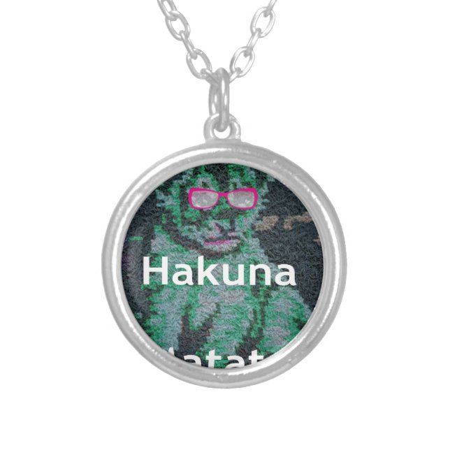 Green Lion with Pink Glasses "Hakuna Matata" Art   Silver Plated Necklace (Front)