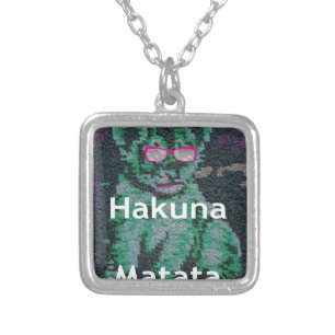 Green Lion with Pink Glasses "Hakuna Matata" Art   Silver Plated Necklace