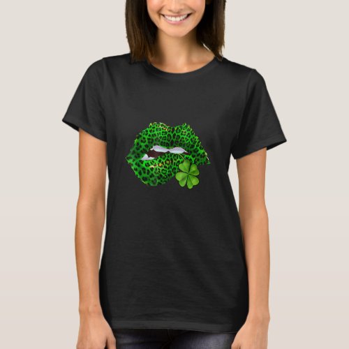 Green Lips Irish Leopard Shamrock St Patricks Day T_Shirt
