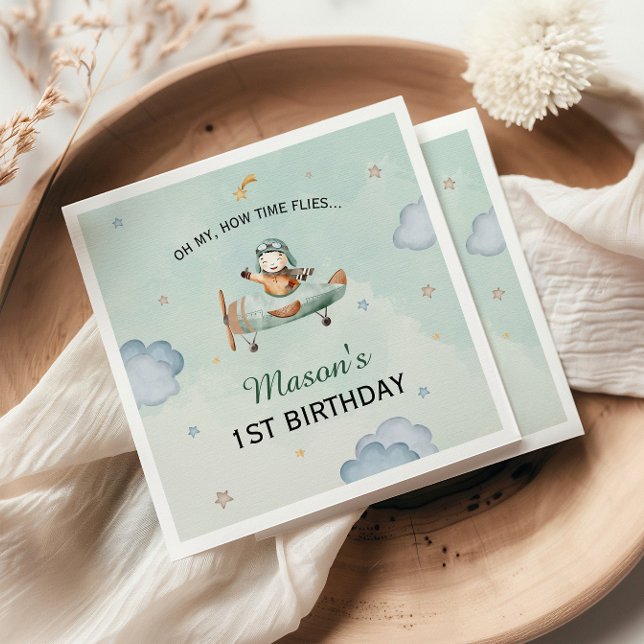 Green Little Aviator Sky Adventure 1st Birthday Napkins (Creator Uploaded)