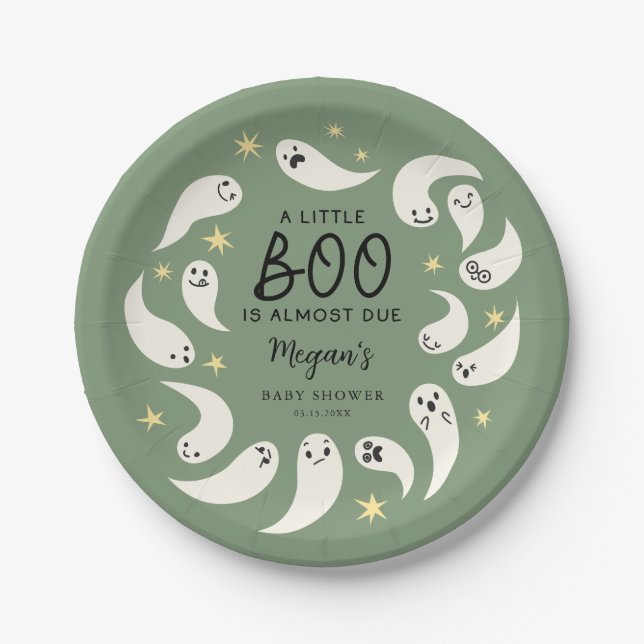 Green Little Boo October Baby Shower Paper Plates (Front)