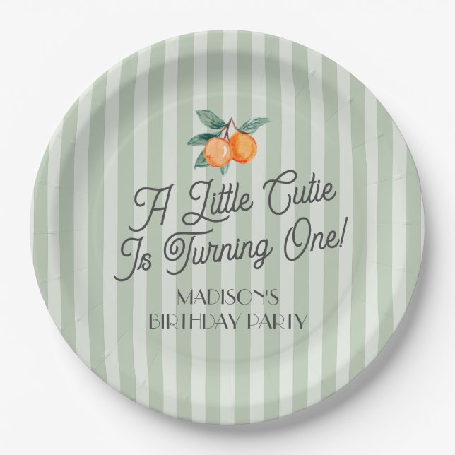 Green Little Cutie Pastel Citrus Birthday Party Paper Plates (Front)
