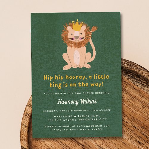Green Little King Lion Boy Baby Shower Invitation