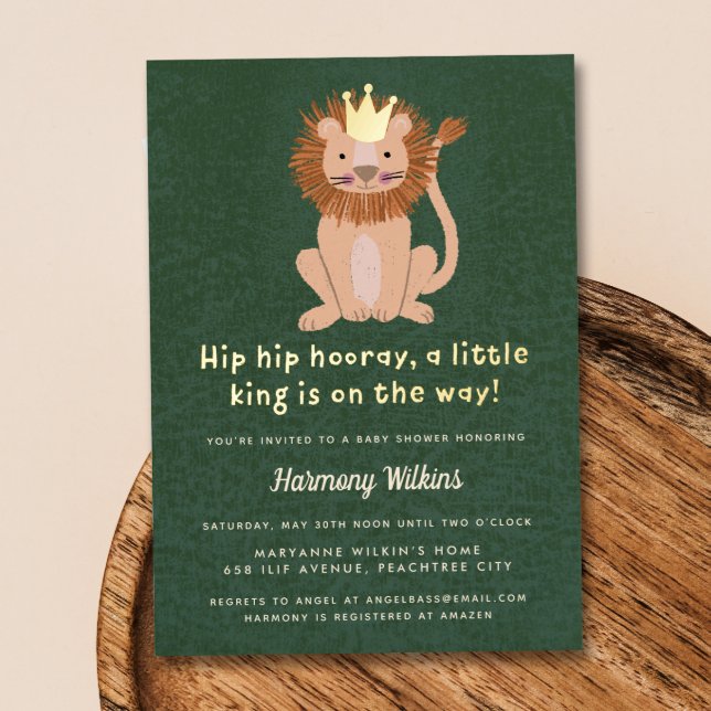 Green Little King Lion Boy Baby Shower Invitation Foil Invitation