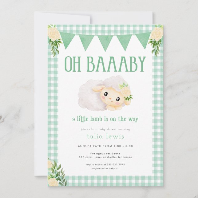 Green Little Lamb Baby Shower Invitation (Front)