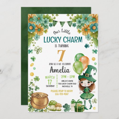 Green Little Leprechaun Girl St Patricks Birthday Invitation