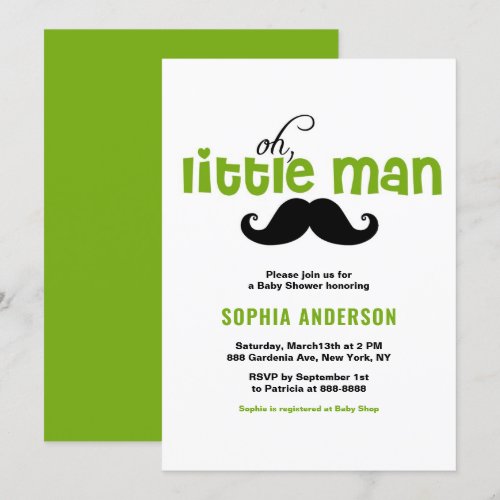 Green Little Man Mustache Baby Shower Invitations
