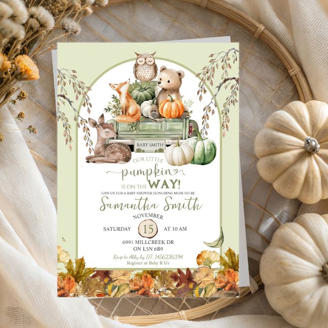 Green Little Pumpkin Woodland Animals Baby Shower Invitation (Creator Uploaded)