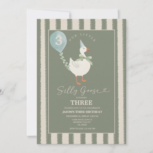 Green Little Silly Goose Balloon Boy 3rd Birthday Invitation