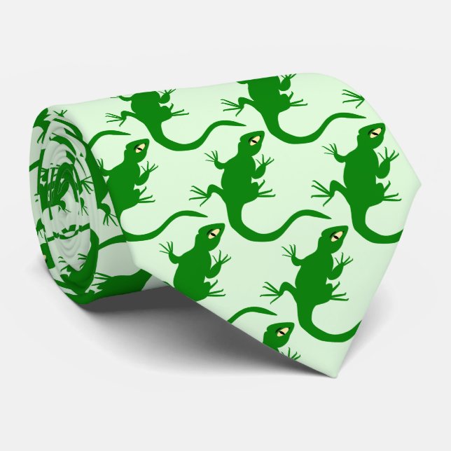 Green Lizard Design Neck Tie (Rolled)