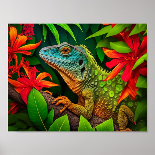 Green Lizard in Rainforest Poster