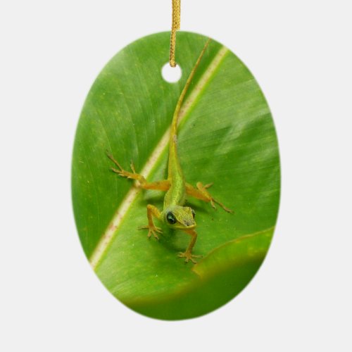Green Lizard on Green Leaf Ceramic Ornament